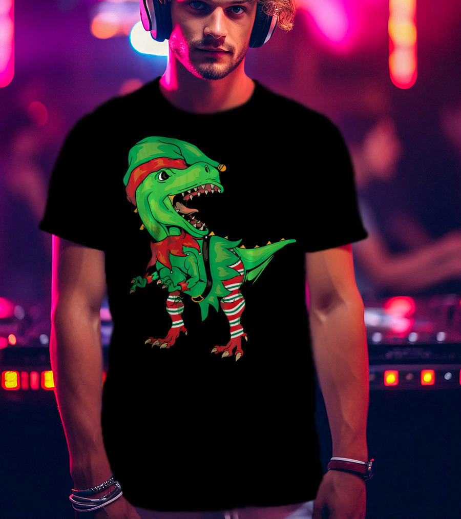 Christmas Dinosaur In Elf Costume T-Shirt