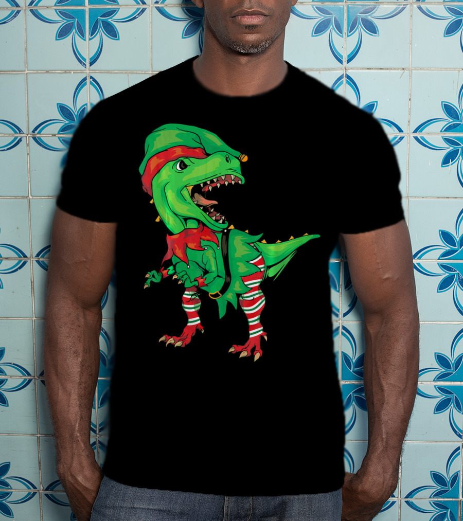 Christmas Dinosaur In Elf Costume T-Shirt
