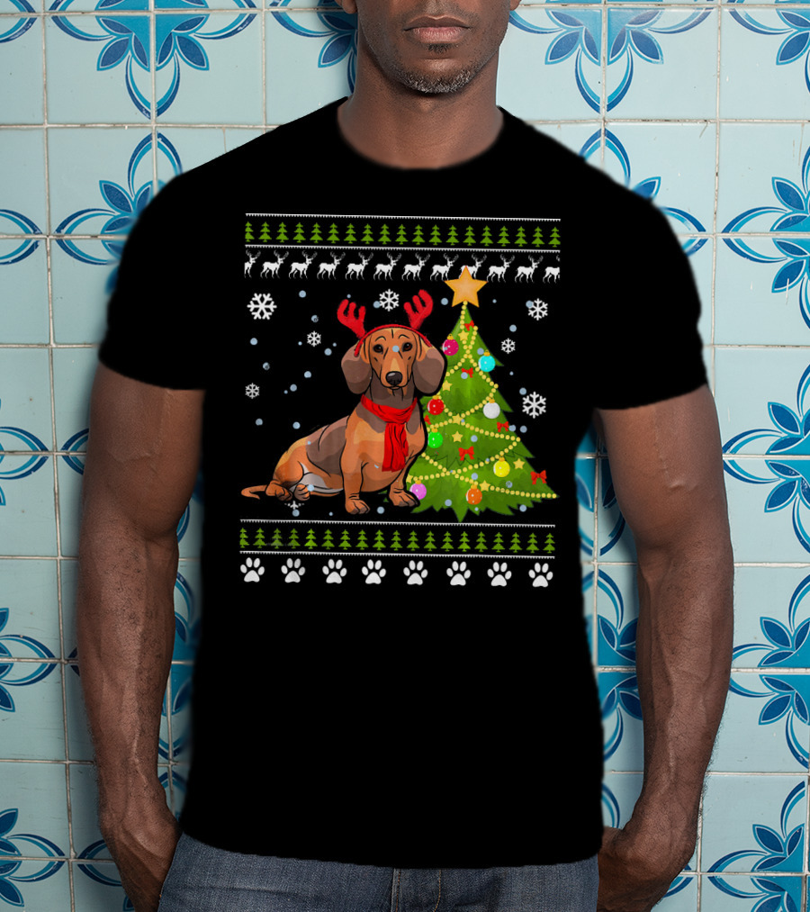 Dachshund Ugly Christmas Reindeer Antlers Christmas Tree Snowflakes T-Shirt