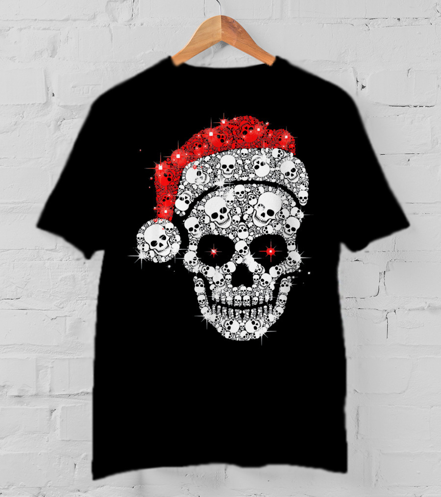 Shiny Skull Rhinestone Santa Hat Christmas Skulls T-Shirt