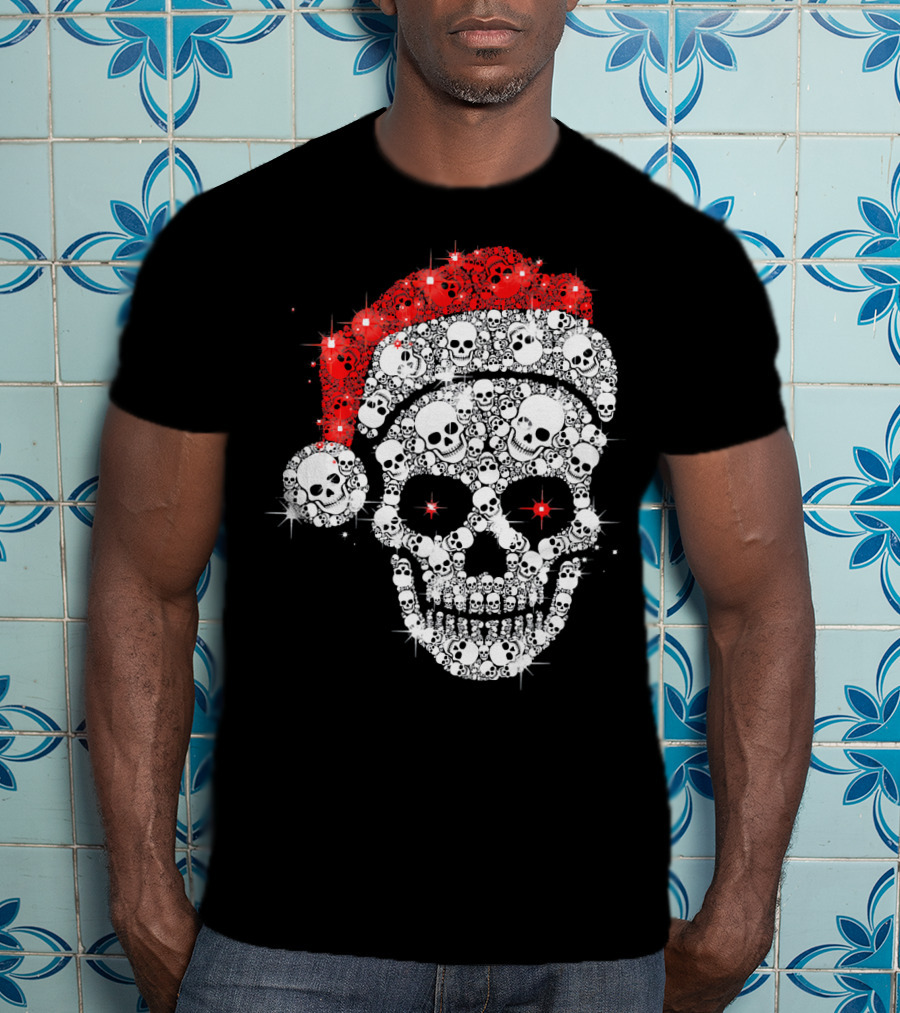 Shiny Skull Rhinestone Santa Hat Christmas Skulls T-Shirt