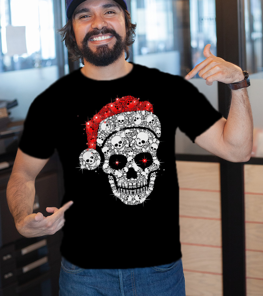 Shiny Skull Rhinestone Santa Hat Christmas Skulls T-Shirt