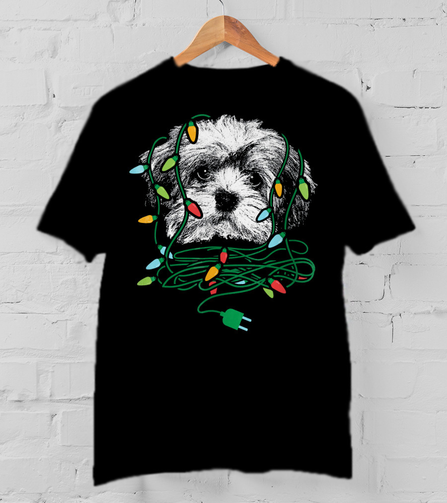 Havanese Puppy Tangled In Colorful Christmas Lights T-Shirt