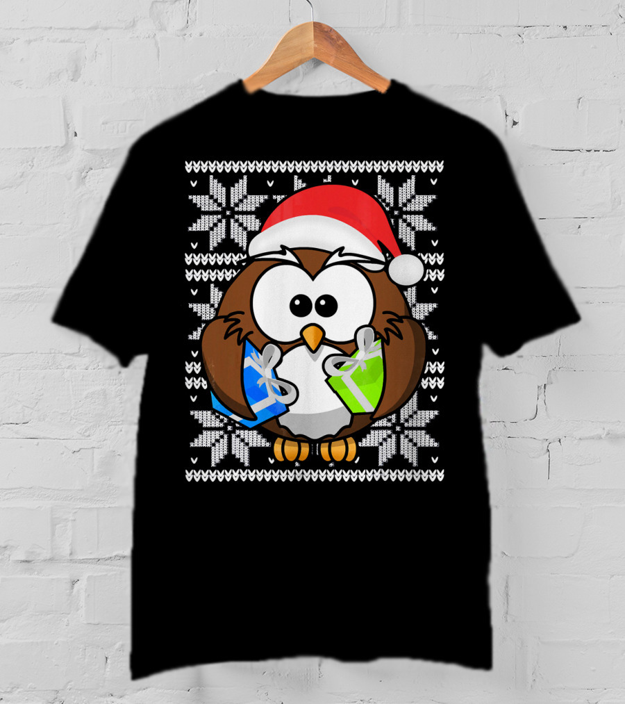 UGLY CHRISTMAS Holiday Owl With Santa Hat And Gifts T-Shirt