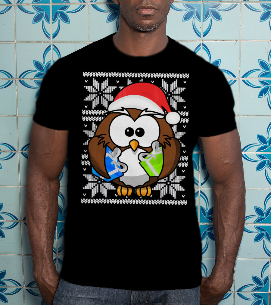 UGLY CHRISTMAS Holiday Owl With Santa Hat And Gifts T-Shirt