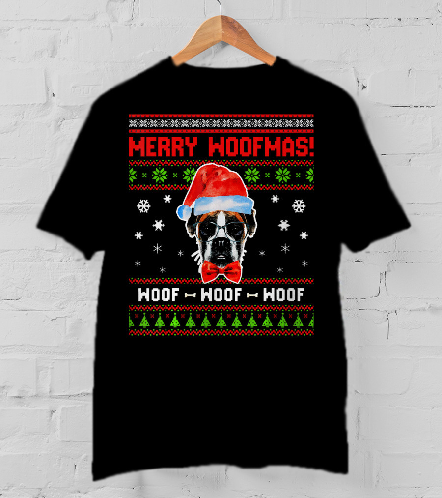 Merry Woofmas Boxer Dog Santa Hat Woof Woof Woof T-Shirt