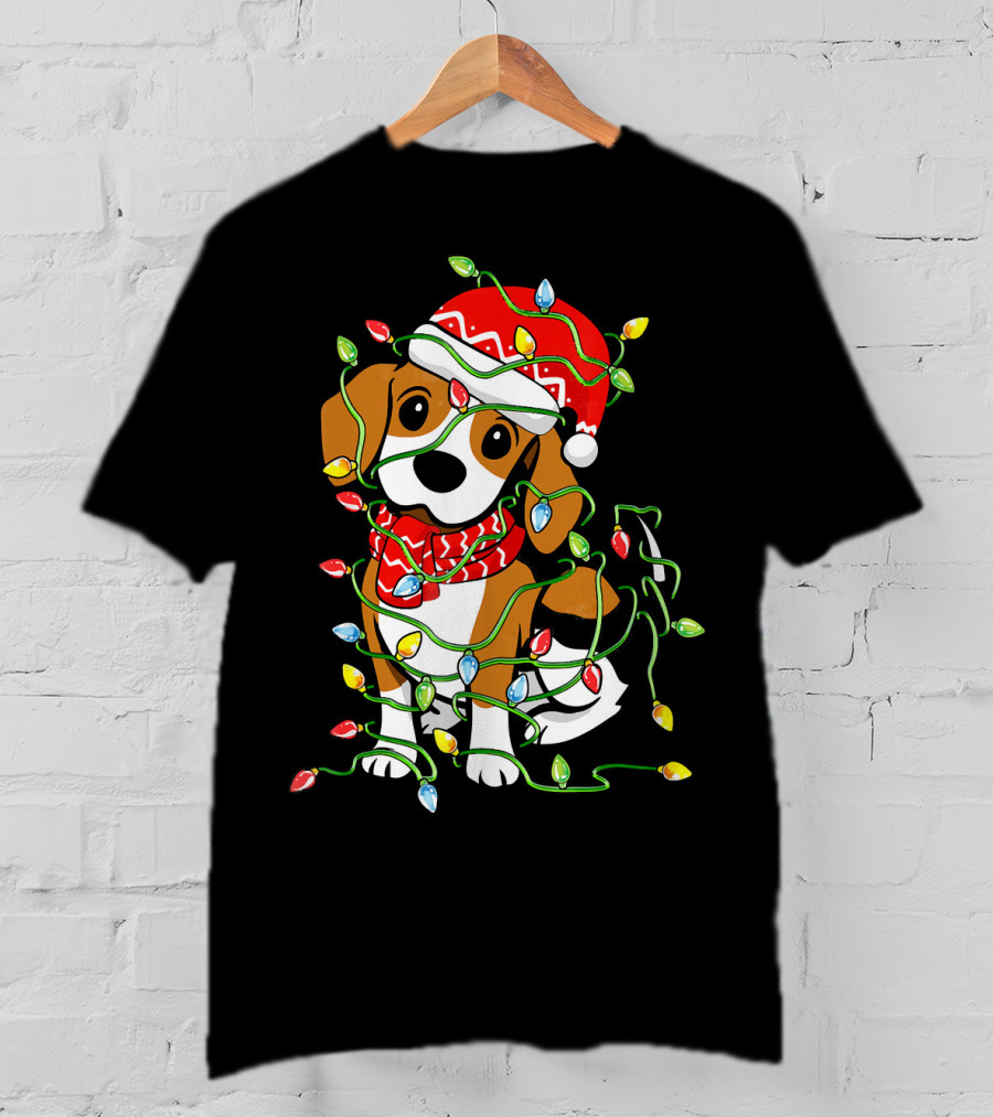 Beagle Wrapped In Christmas Lights Wearing Santa Hat T-Shirt