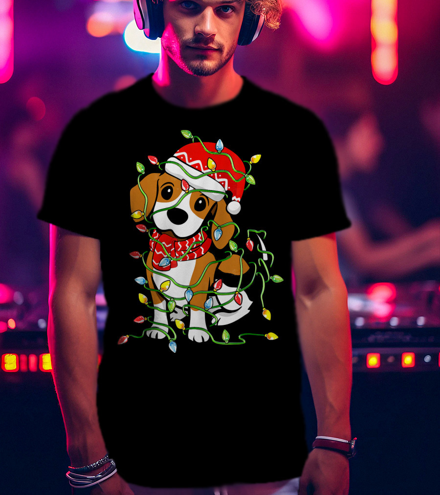 Beagle Wrapped In Christmas Lights Wearing Santa Hat T-Shirt