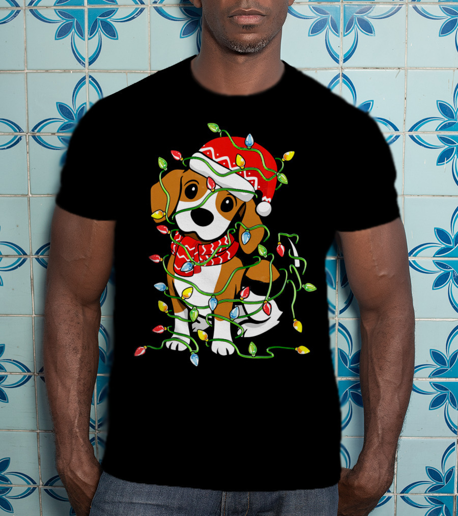 Beagle Wrapped In Christmas Lights Wearing Santa Hat T-Shirt