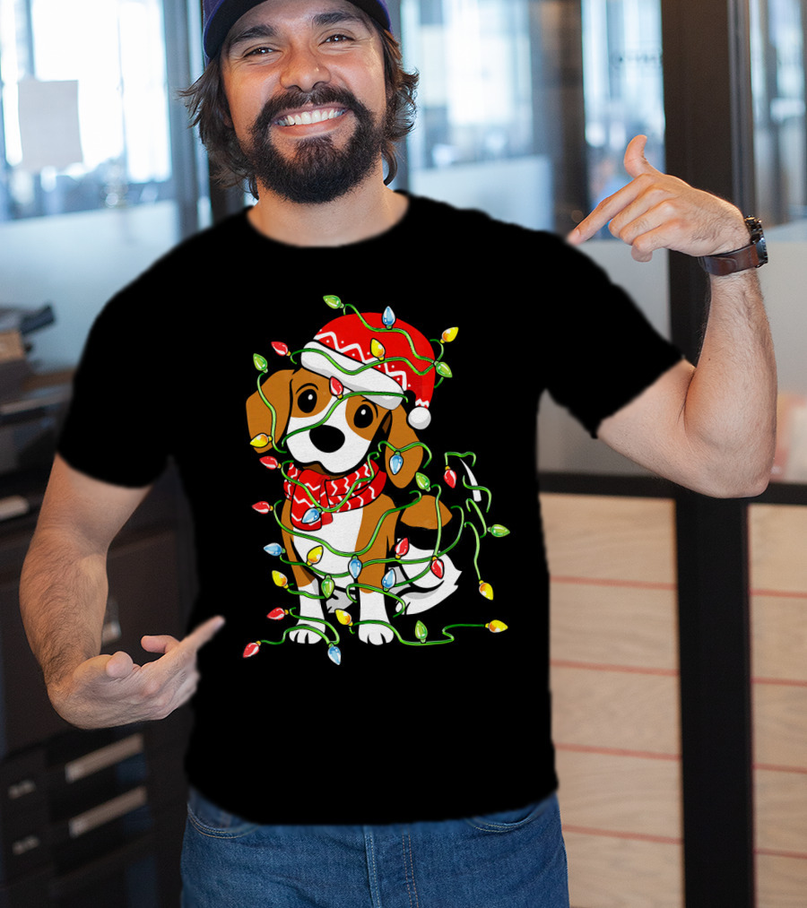 Beagle Wrapped In Christmas Lights Wearing Santa Hat T-Shirt