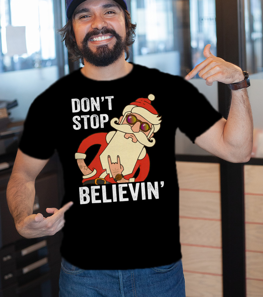 Don't Stop Believin' Santa Rock Hand Gesture T-Shirt