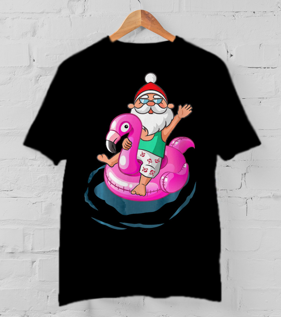 Christmas In July Santa Riding Flamingo Float In Hawaiian Shorts T-Shirt