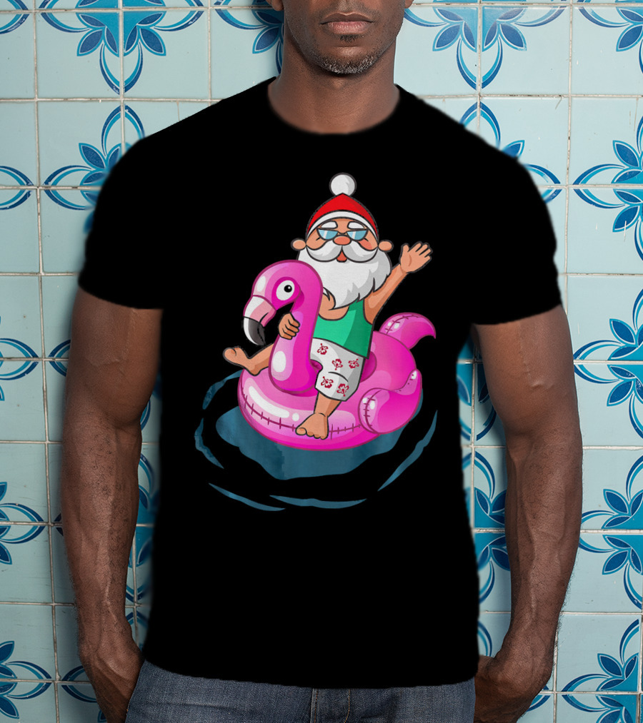 Christmas In July Santa Riding Flamingo Float In Hawaiian Shorts T-Shirt