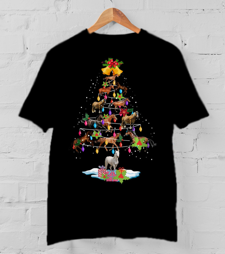 Horse Tree Christmas Candy Cane Ornament Holiday Lights T-Shirt