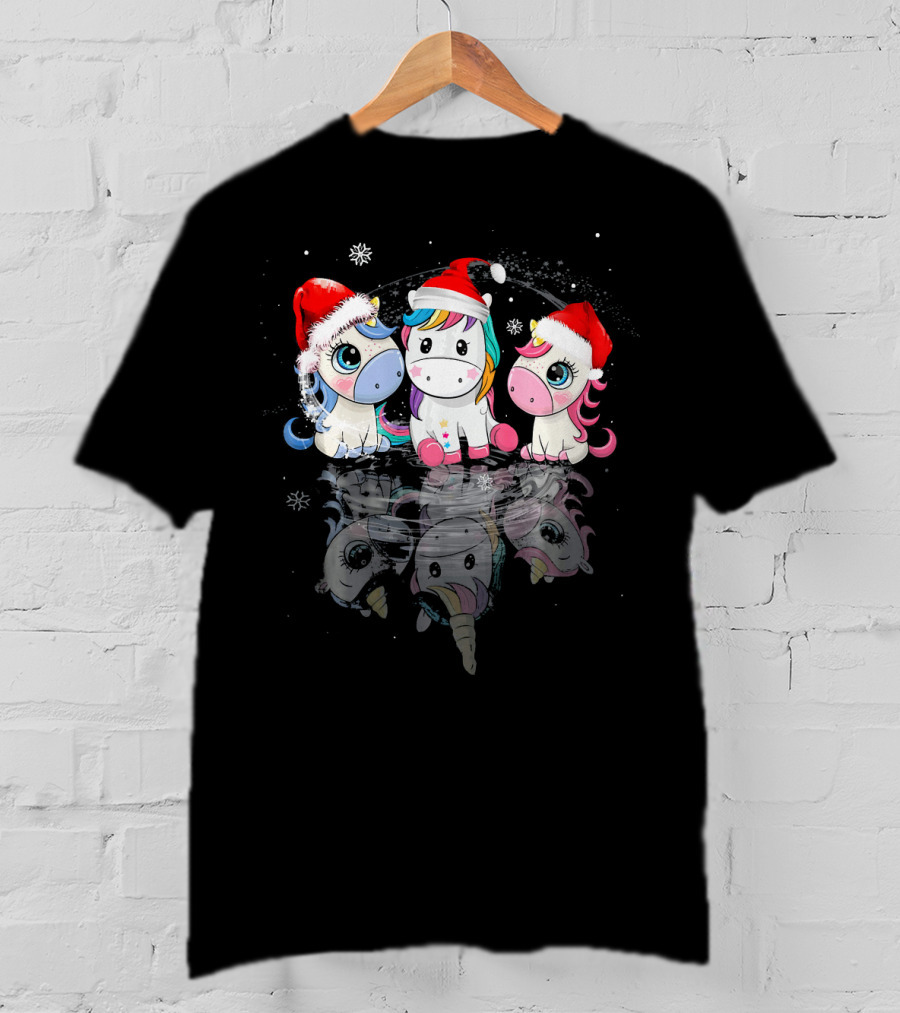 Christmas Santa Hat Funny Three Cute Unicorn Snowflakes T-Shirt