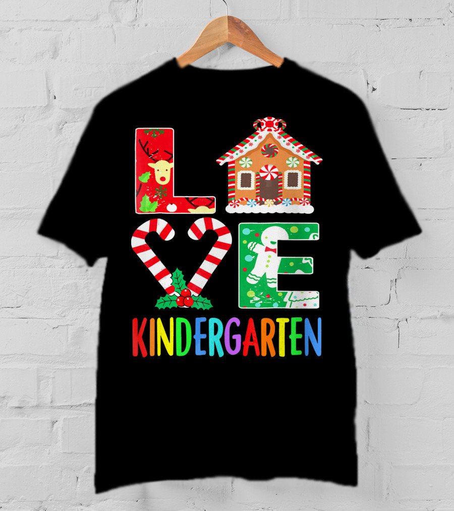 LOVE Kindergarten Christmas Reindeer Gingerbread Candy Cane T-Shirt