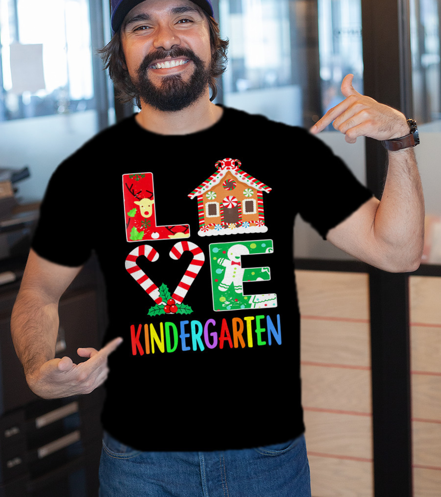 LOVE Kindergarten Christmas Reindeer Gingerbread Candy Cane T-Shirt