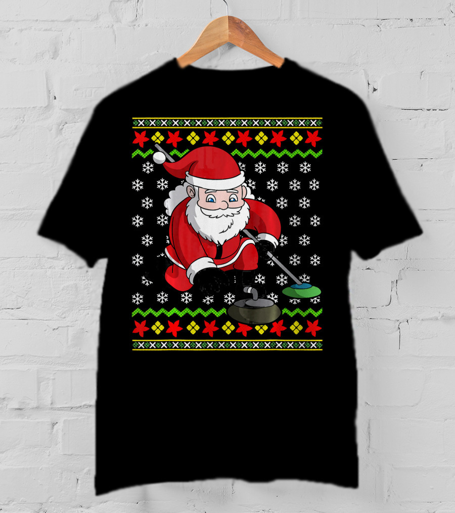 Santa Curling Ugly Christmas Sweater Snowflakes T-Shirt