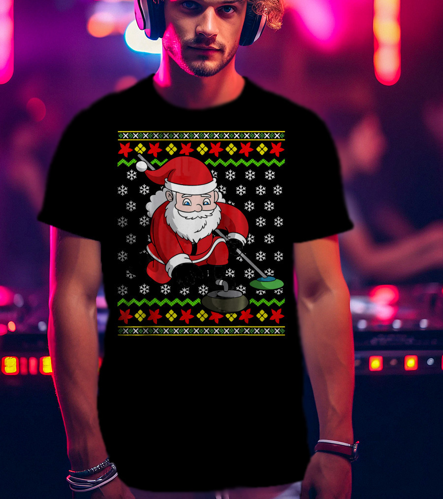 Santa Curling Ugly Christmas Sweater Snowflakes T-Shirt