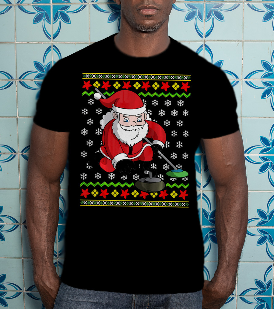 Santa Curling Ugly Christmas Sweater Snowflakes T-Shirt