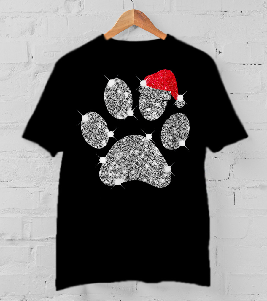 Merry Christmas Paw Santa Hat Sparkle T-Shirt