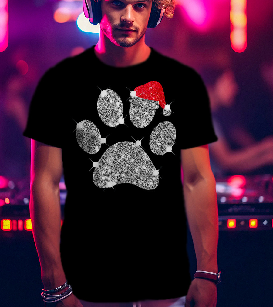Merry Christmas Paw Santa Hat Sparkle T-Shirt