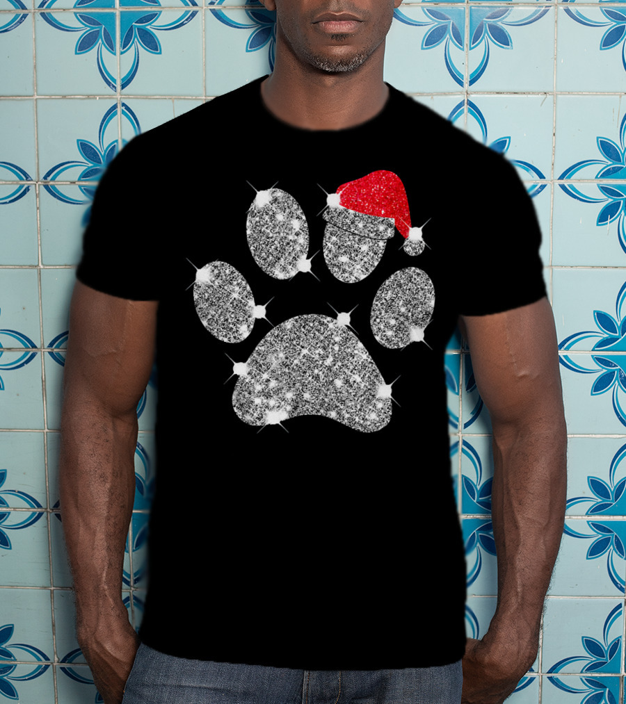 Merry Christmas Paw Santa Hat Sparkle T-Shirt