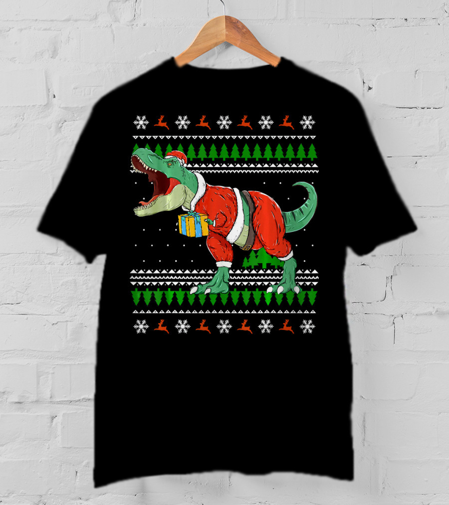 Funny TRex Dino Christmas Santa Holding Gift In Ugly T-Shirt
