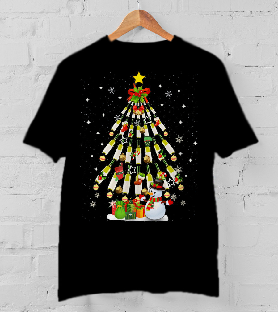 Christmas Wine Bottle Tree With Snowman And Gifts T-Shirt