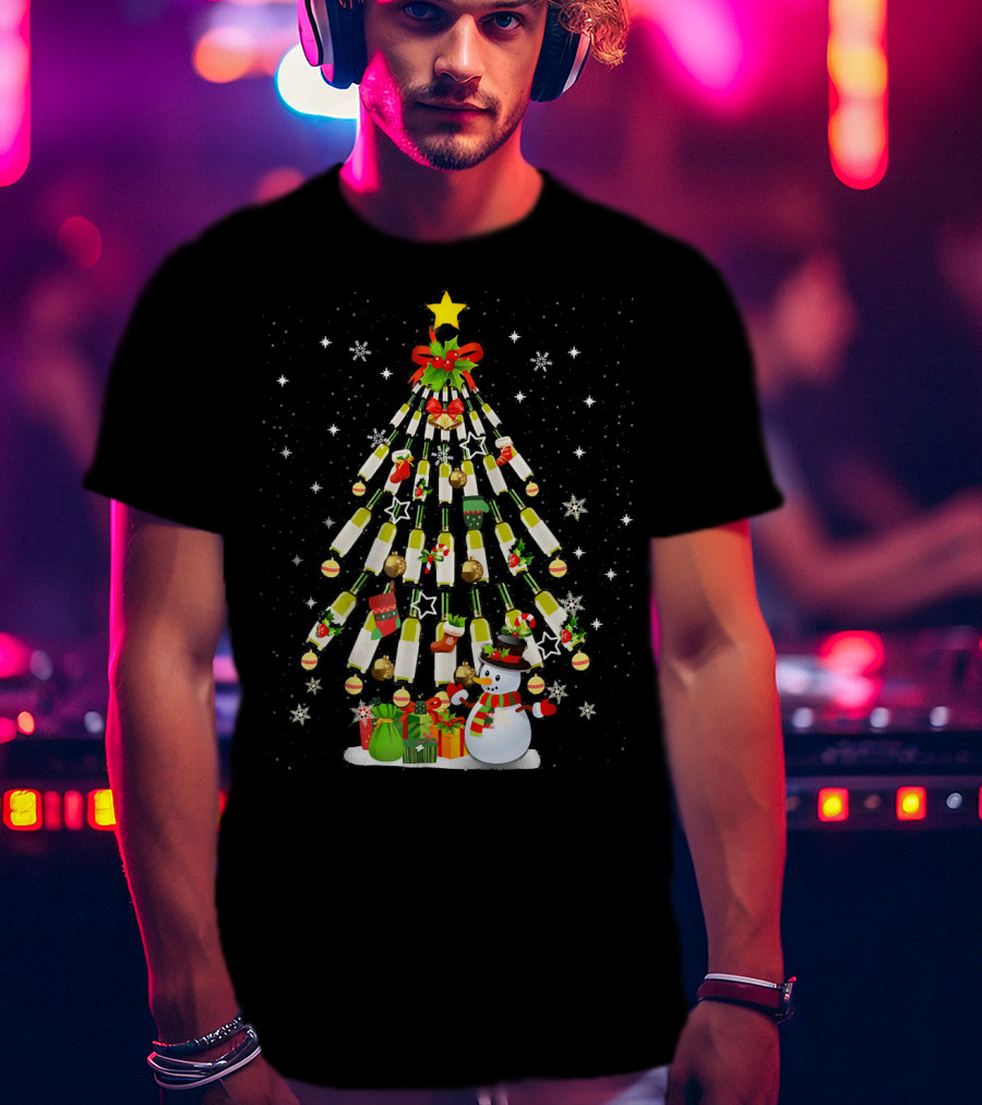 Christmas Wine Bottle Tree With Snowman And Gifts T-Shirt