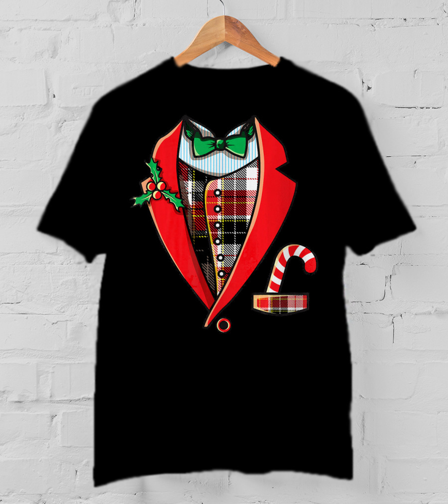 Christmas Tuxedo Plaid Suit Jacket With Green Bow Tie And Candy Cane T-Shirt