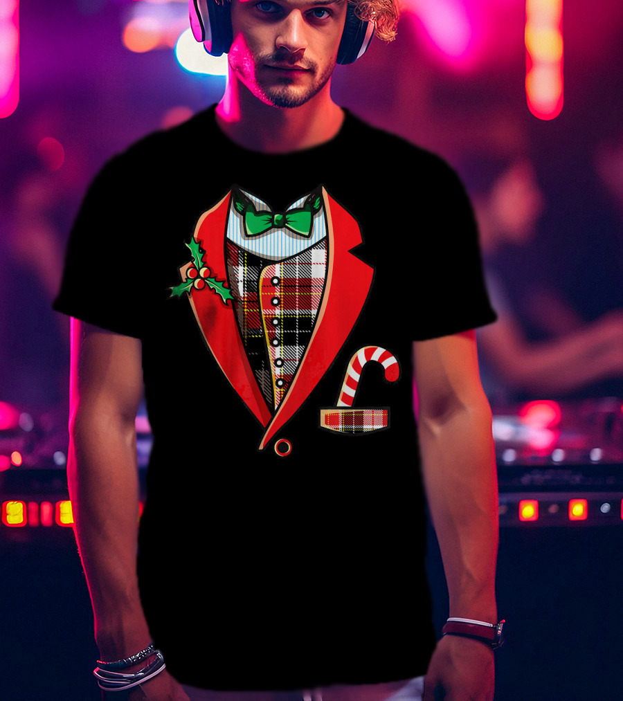Christmas Tuxedo Plaid Suit Jacket With Green Bow Tie And Candy Cane T-Shirt