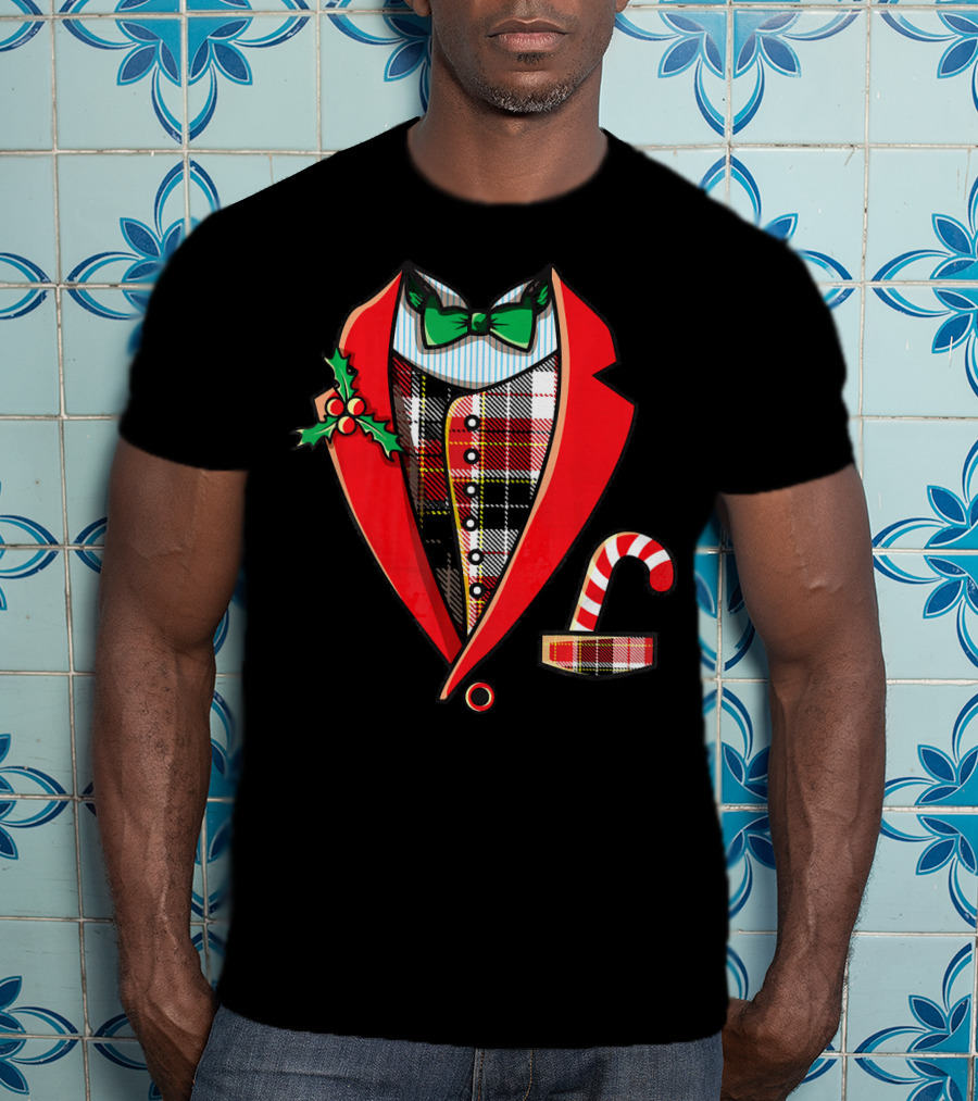 Christmas Tuxedo Plaid Suit Jacket With Green Bow Tie And Candy Cane T-Shirt