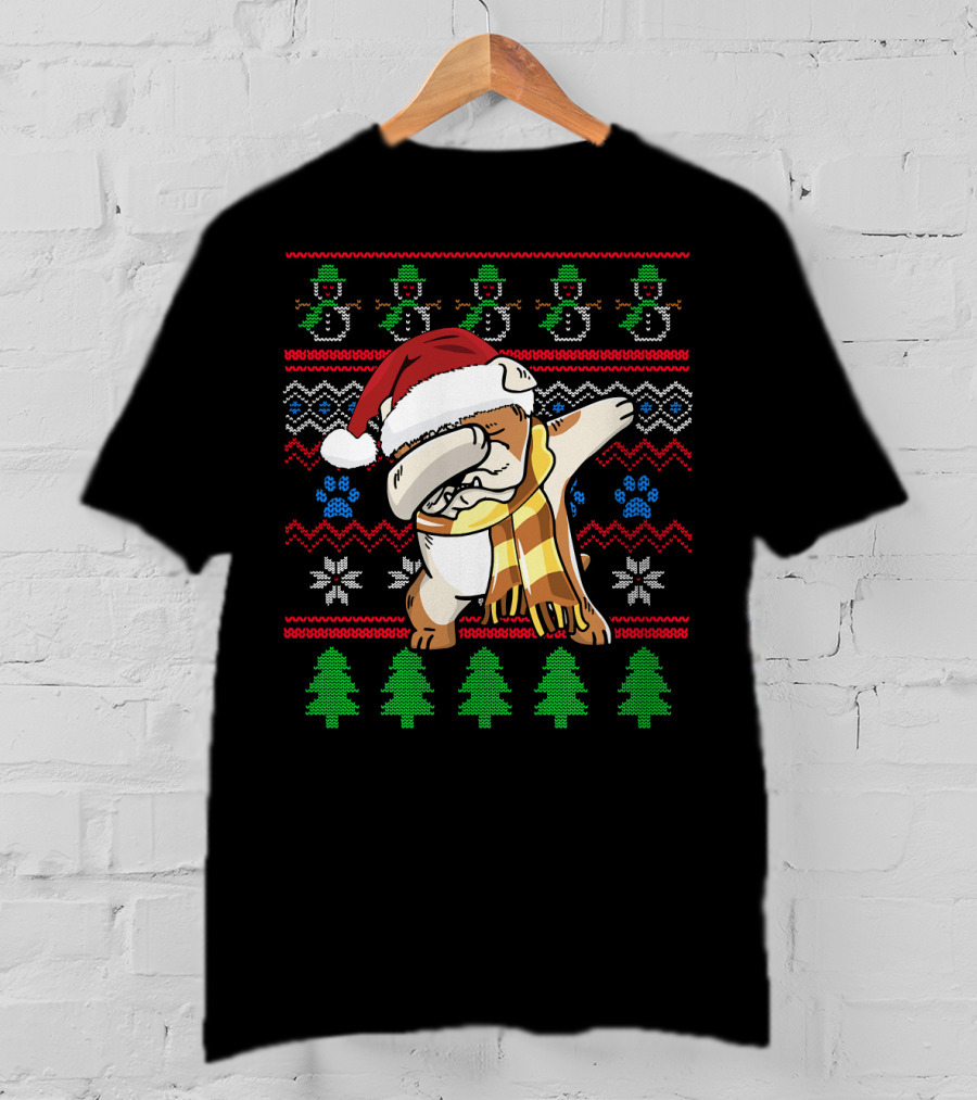 Bulldog Dabbing UglyStyle Santa Hat Christmas Trees Snowmen T-Shirt
