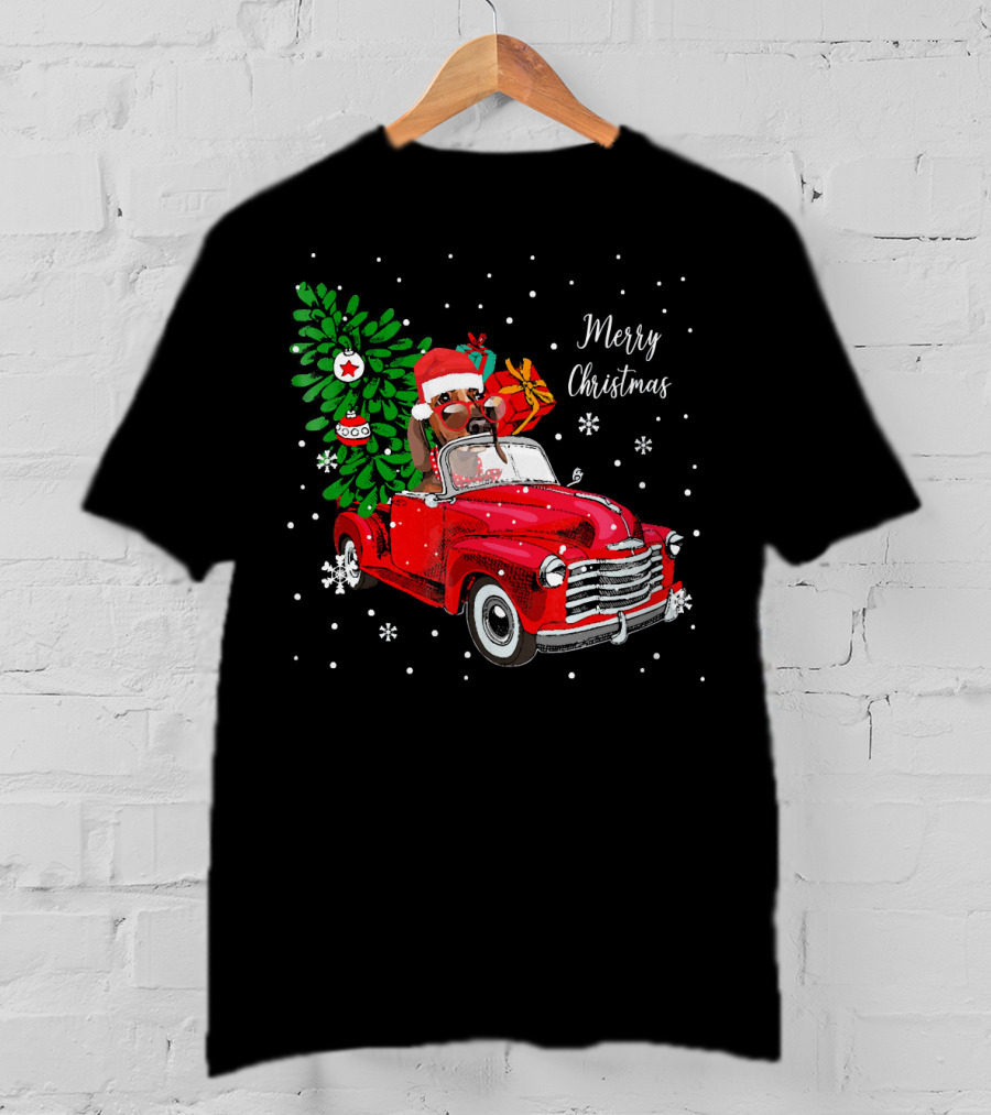 Merry Christmas Santa Dachshund In Red Truck With Gifts And Tree T-Shirt