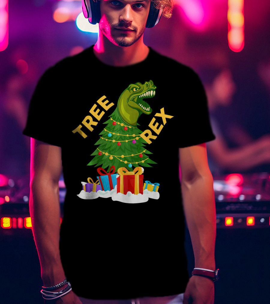 Tree Rex Christmas Dinosaur With Presents And Decorations T-Shirt