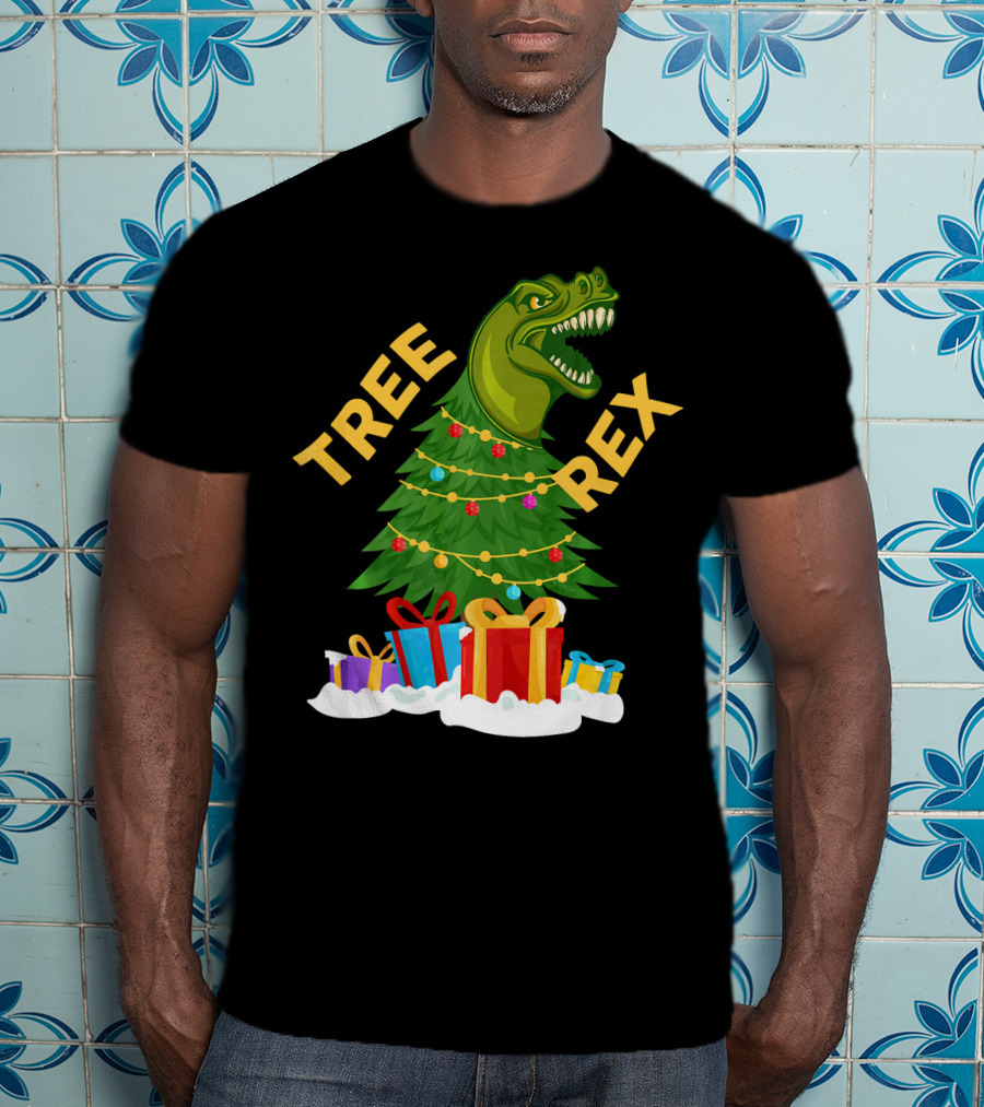 Tree Rex Christmas Dinosaur With Presents And Decorations T-Shirt
