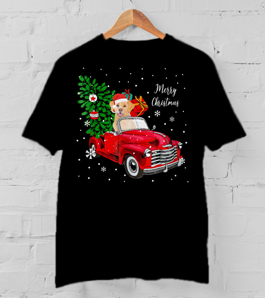 Merry Christmas Santa Labrador Dog Riding Red Truck With Presents And Tree T-Shirt