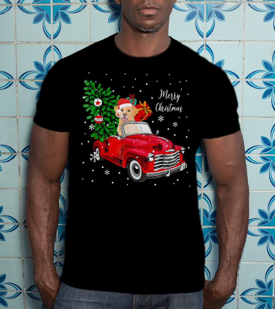 Merry Christmas Santa Labrador Dog Riding Red Truck With Presents And Tree T-Shirt