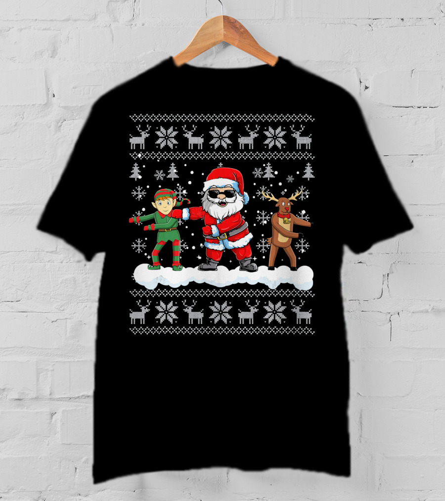 Santa Floss ChristmasSanta Elf Reindeer Dance Snowflakes T-Shirt