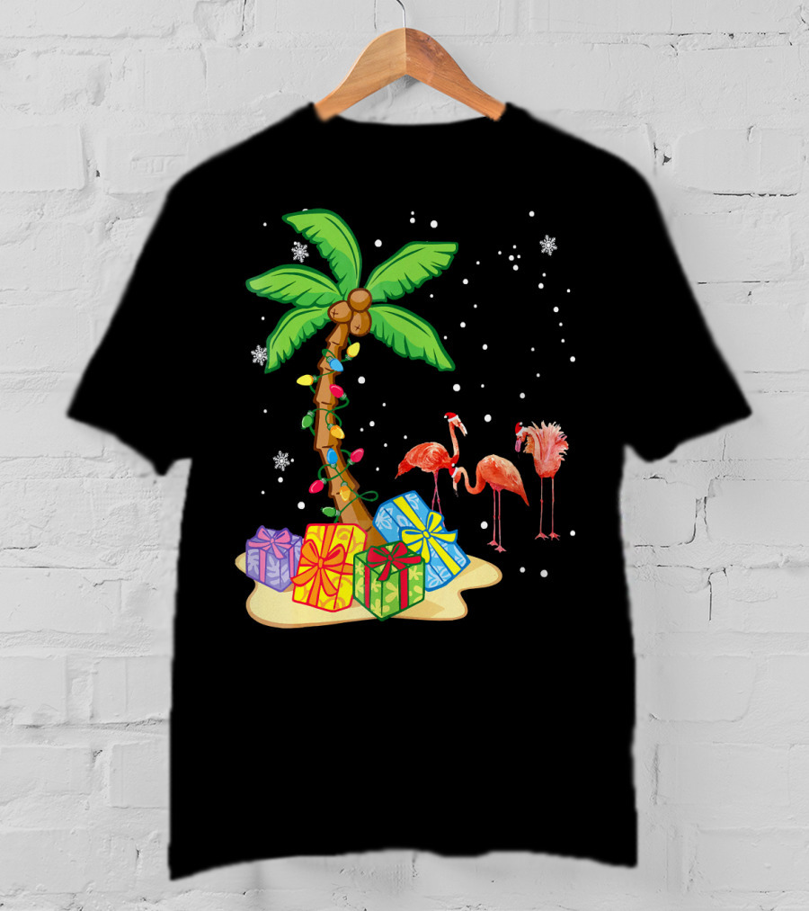 Flamingo Christmas Palm Tree Snow Presents T-Shirt