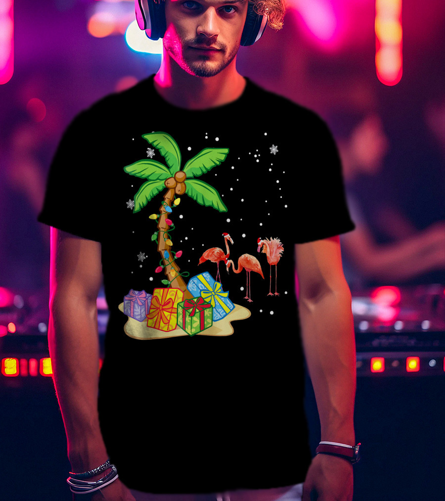 Flamingo Christmas Palm Tree Snow Presents T-Shirt