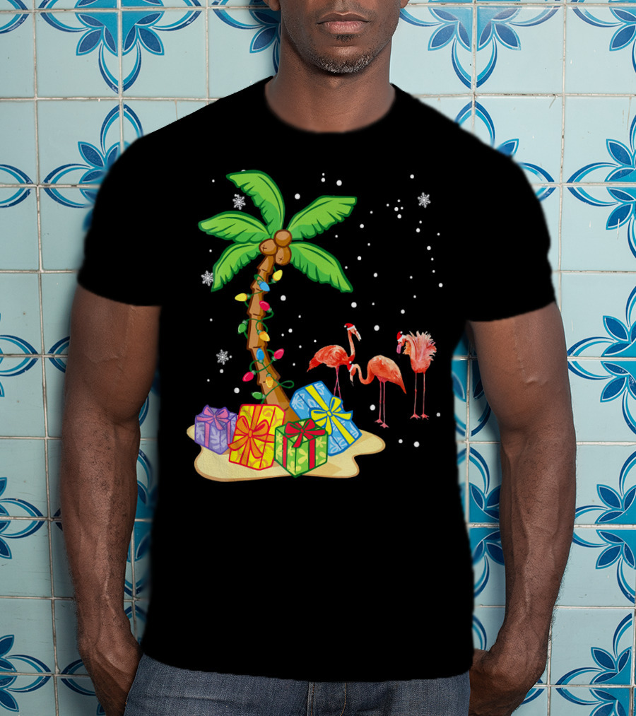 Flamingo Christmas Palm Tree Snow Presents T-Shirt