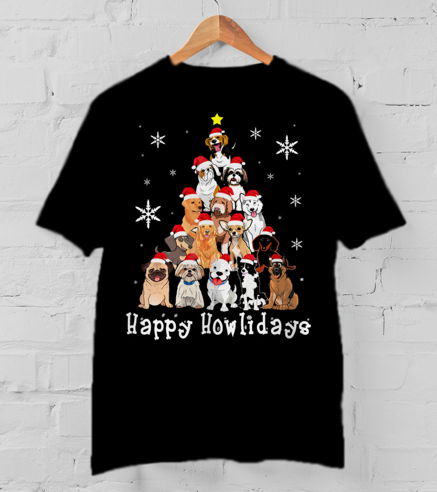 Happy Howlidays Dog Christmas Tree Santa Hat Puppies Snowflakes T-Shirt