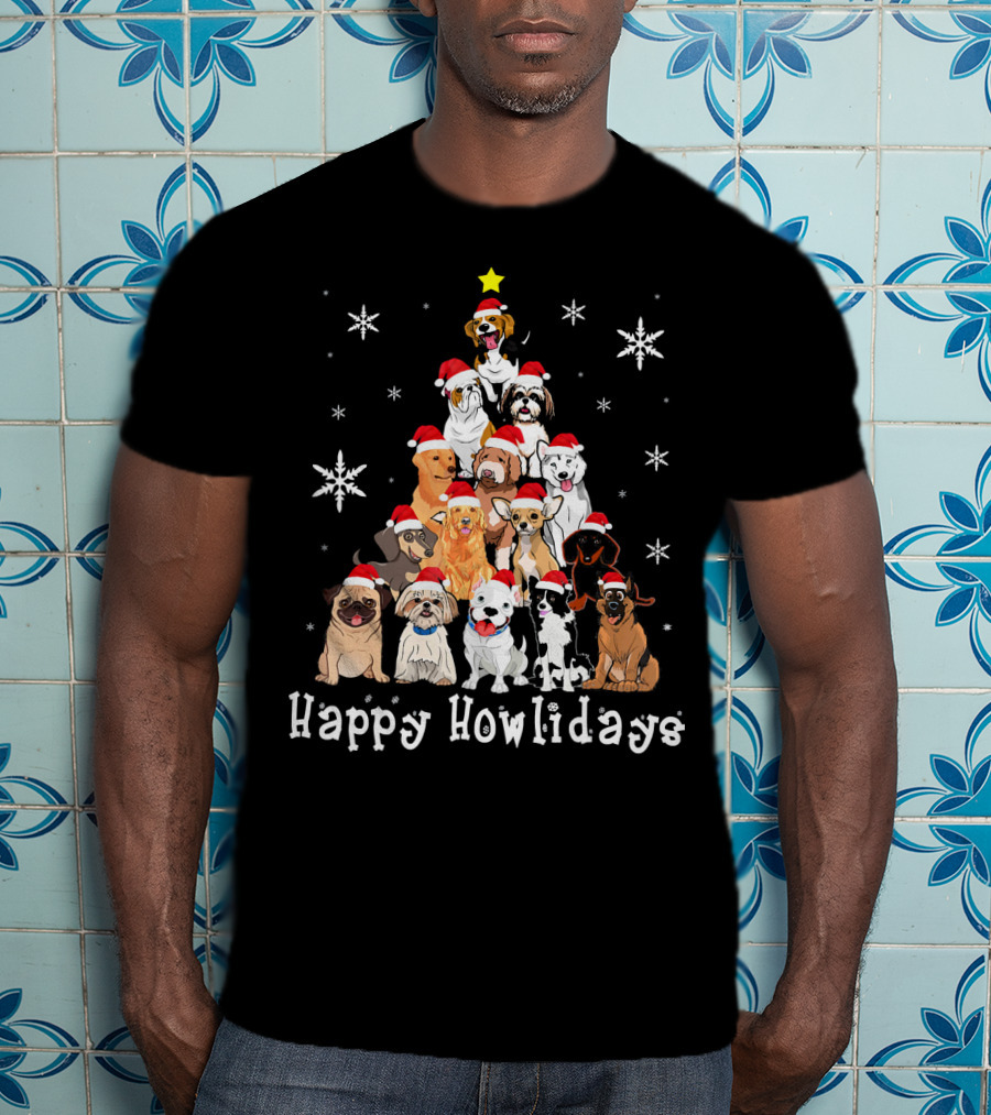Happy Howlidays Dog Christmas Tree Santa Hat Puppies Snowflakes T-Shirt