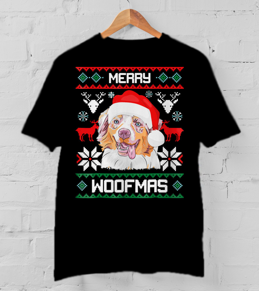 Merry Woofmas Australian Shepherd With Santa Hat And Christmas Motifs T-Shirt