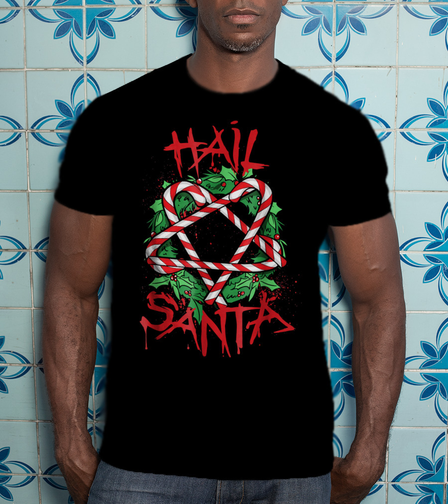Hail Santa Anti Saint Nicholas Emo Santa College Candy Cane Pentagram T-Shirt