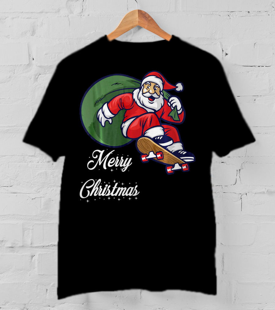 Merry Christmas Santa Claus Skating With Gift Sack T-Shirt