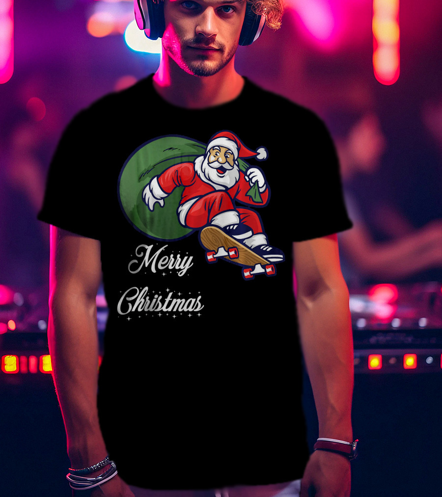 Merry Christmas Santa Claus Skating With Gift Sack T-Shirt