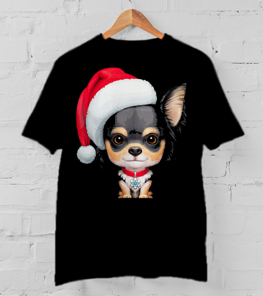 Festive Black And Tan Long Haired Chihuahua Santa Hat T-Shirt